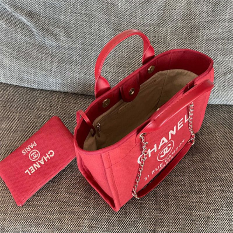 Chanel Deauville Tote Bag in red canvas.