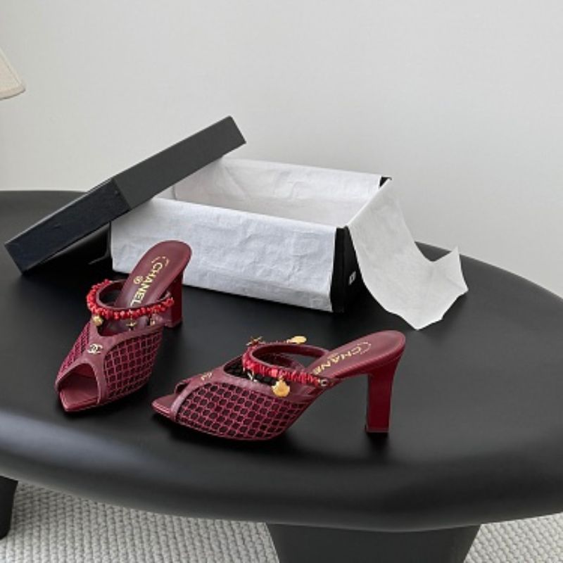 Chanel Coral Charm Mesh Open-Toe Mules in deep burgundy-red.