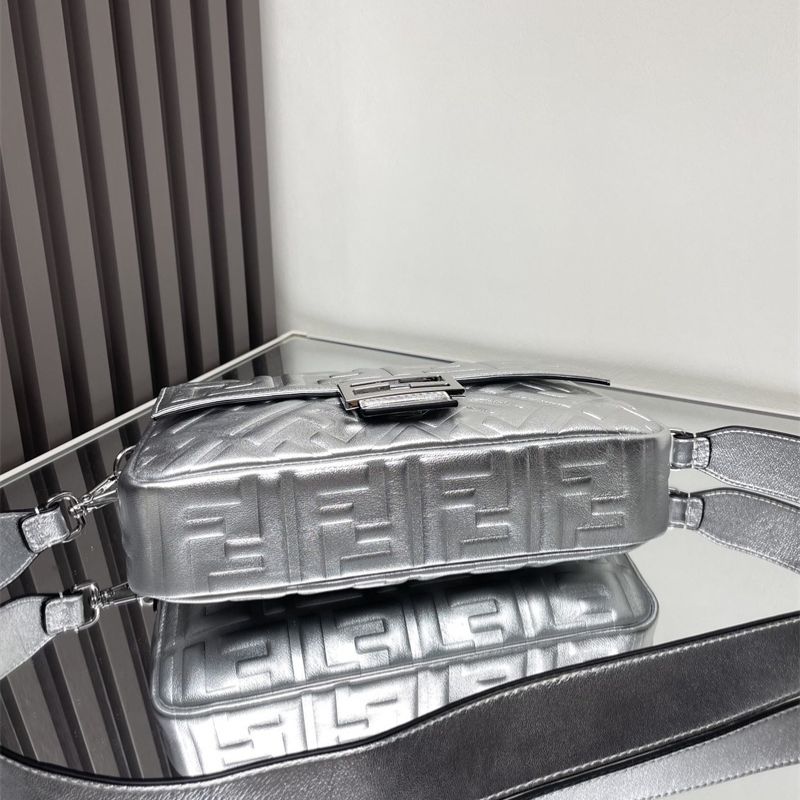 Fendi Baguette bag in a metallic silver finish.