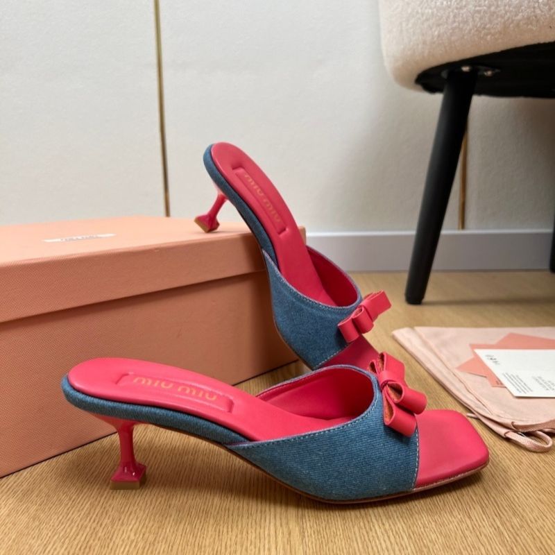 Miu Miu Denim Mules with Pink Bow,