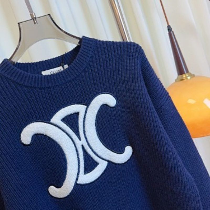 Celine Crew Neck Sweater in Ribbed Wool with the white Triomphe logo