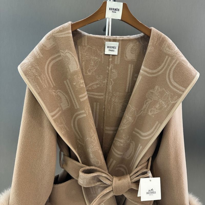 Hermès wool or cashmere blend coat with fox fur cuffs and a tie-belt