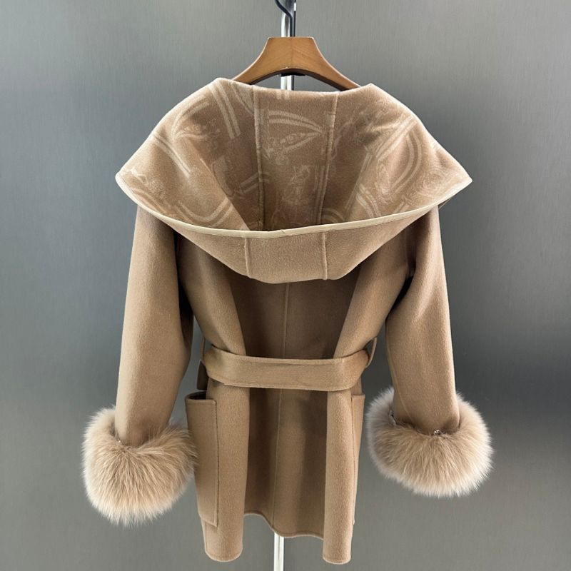 Hermès wool or cashmere blend coat with fox fur cuffs and a tie-belt