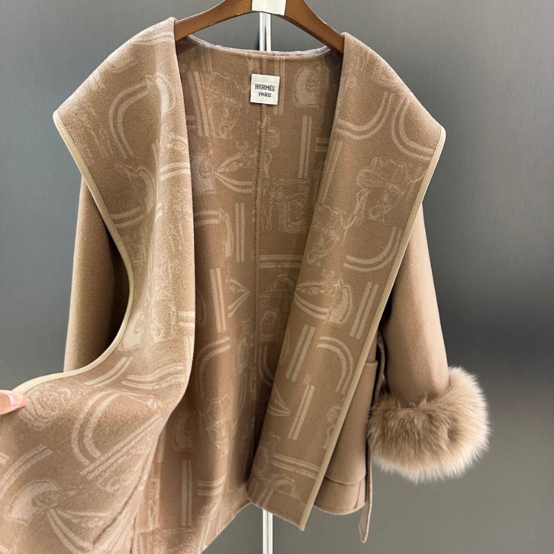 Hermès wool or cashmere blend coat with fox fur cuffs and a tie-belt