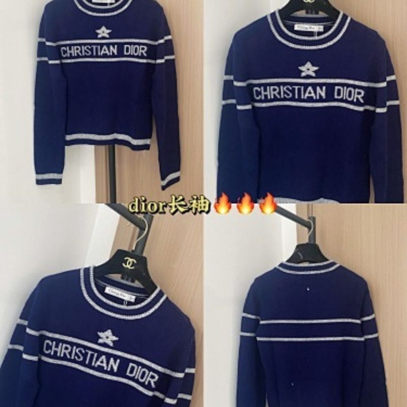 Christian Dior short-sleeved navy blue sweater with white/silver stripes