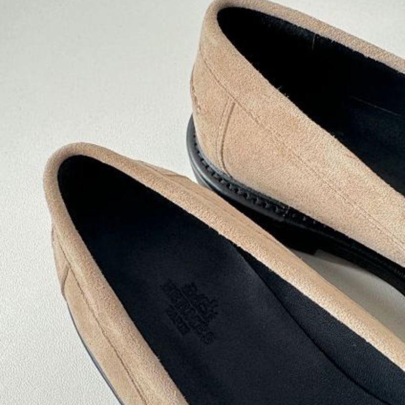 Hermès Dauphine Loafers in etoupe/taupe suede goatskin leather.