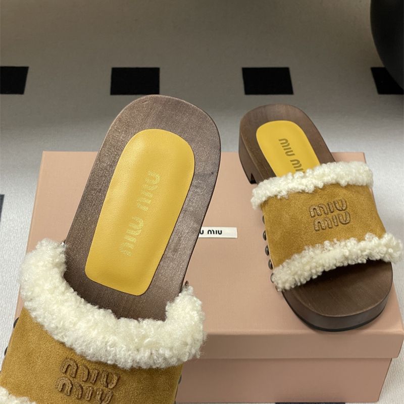 Miu Miu cocoa brown suede Shearling Mules