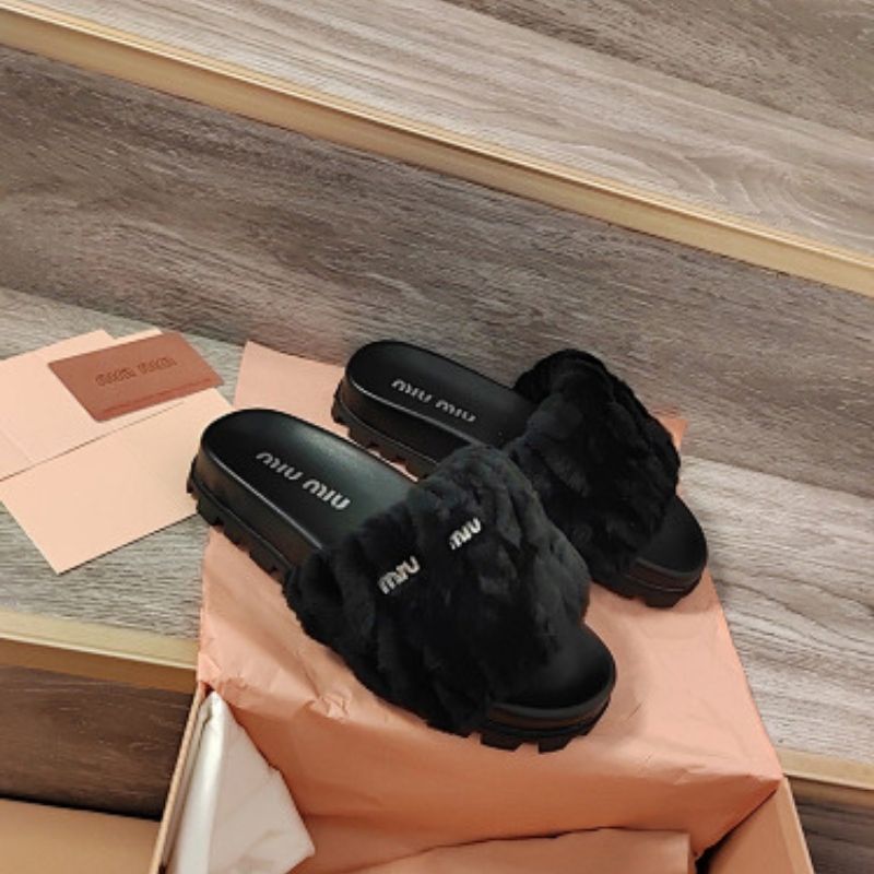 Miu Miu Matelassé Shearling Slide Sandals in black