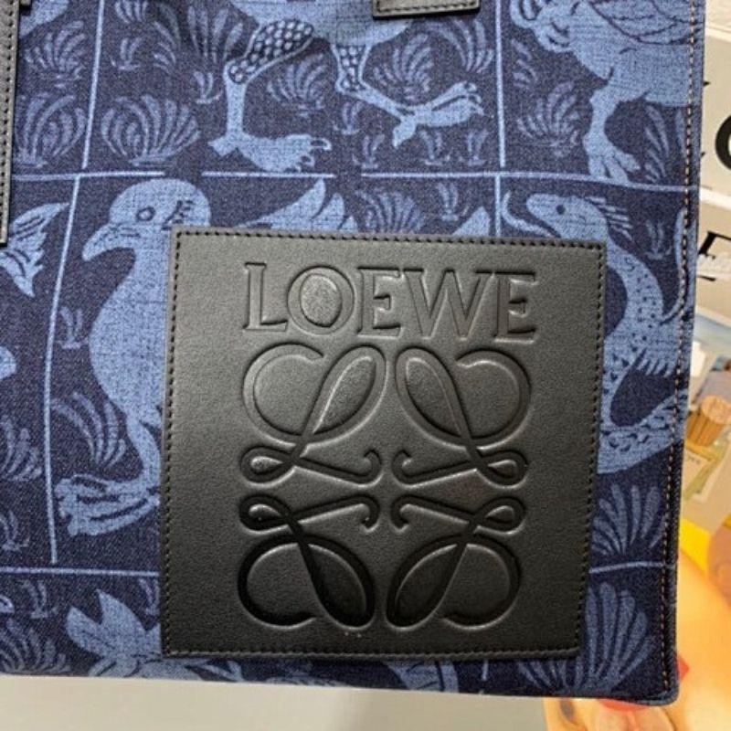 Loewe Buckle Handle Tote Printed Denim with Leather Medium,