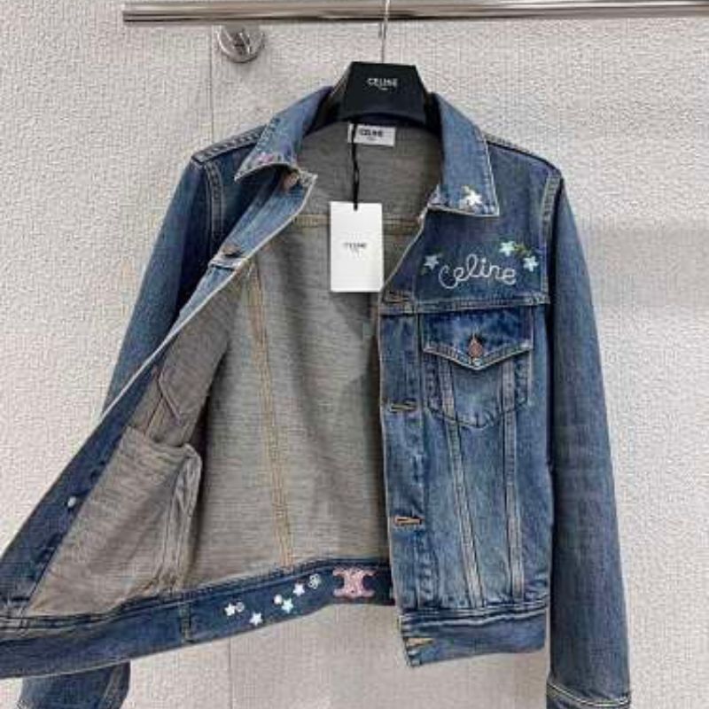 Celine Embroidered Trucker Jacket in Dark Union Wash Denim.