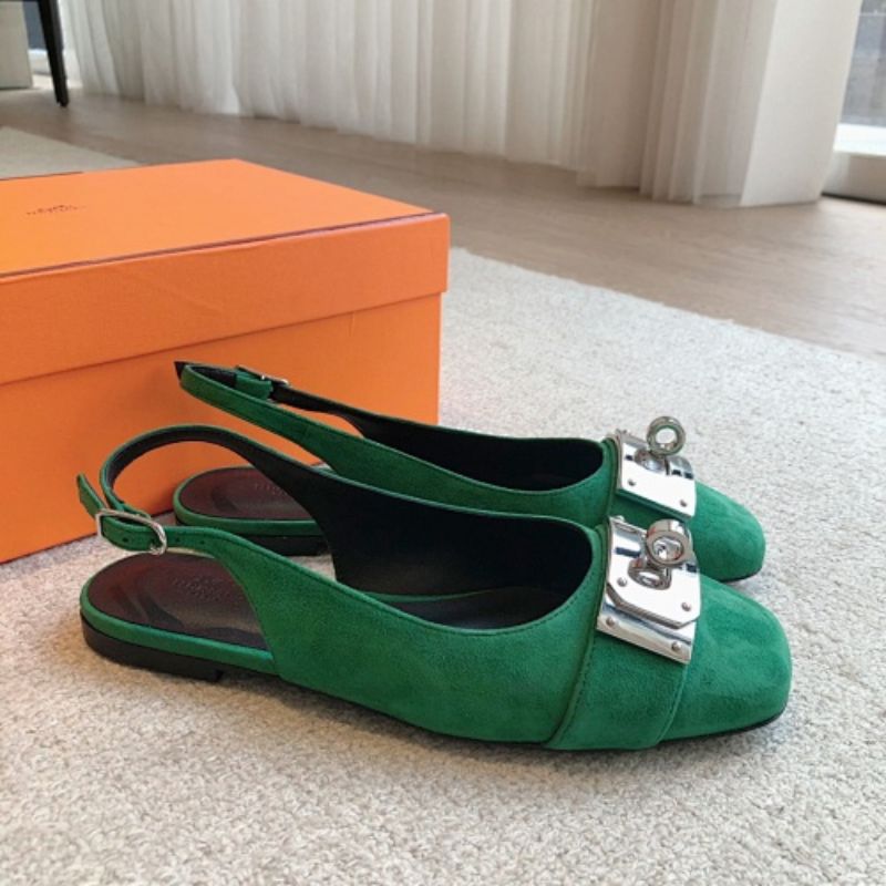 Hermès Innocente Slingback Flats in green suede,