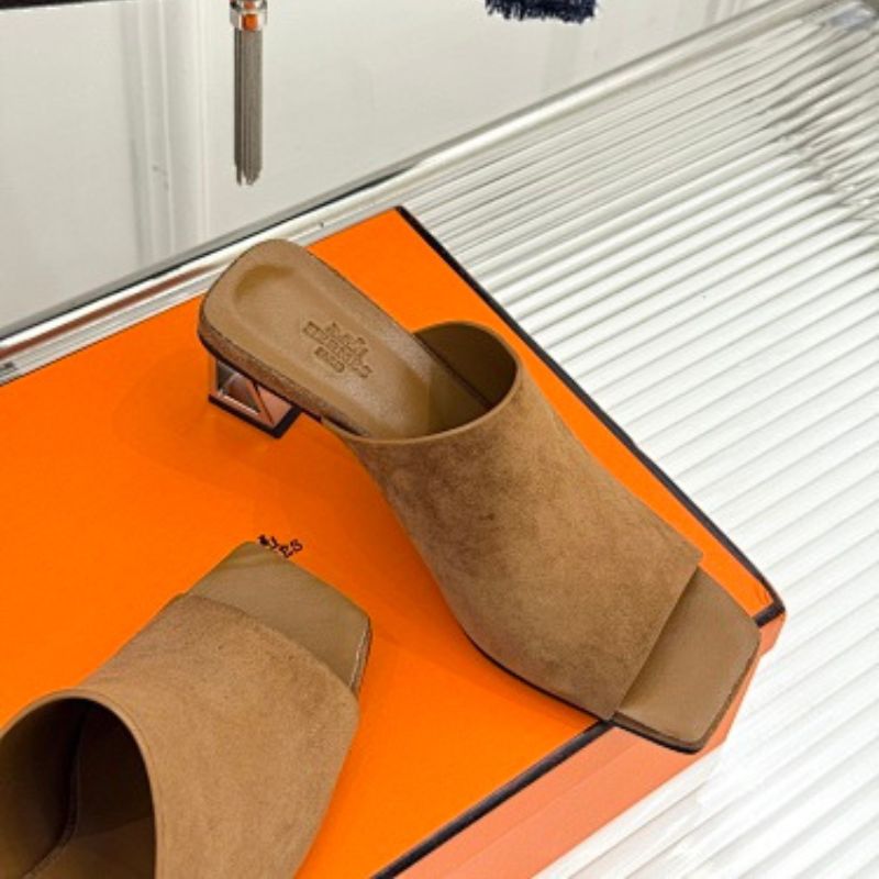 Hermès Kylie Mules in naturel (tan/beige) suede calfskin,