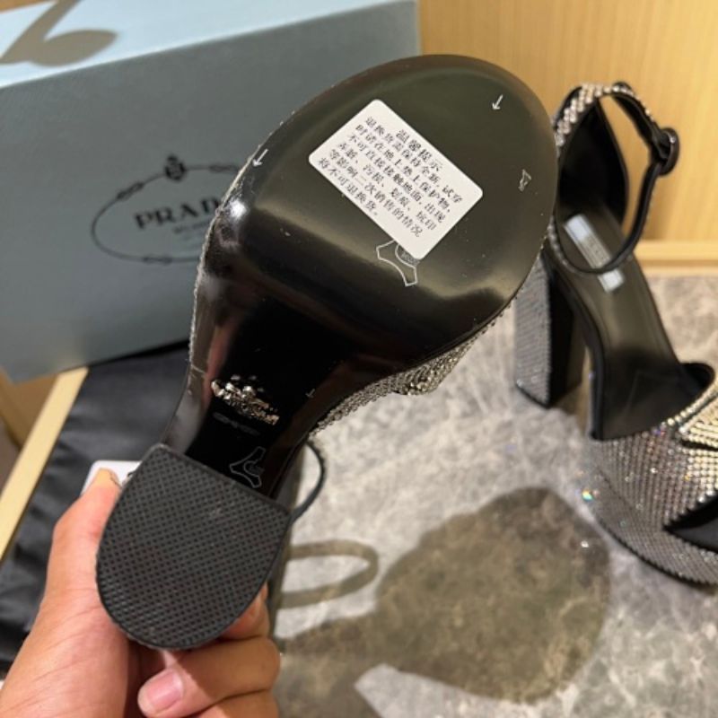 Prada Satin Sandals with Crystals in a glamorous black and silver colorway.