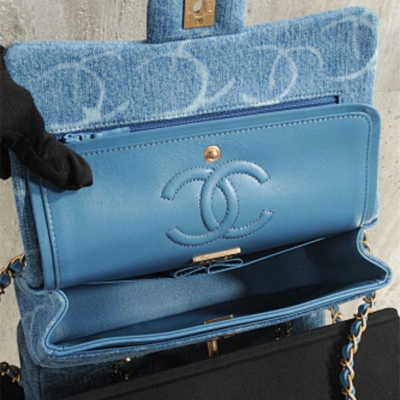 Chanel Blue Denim Sequin CC Printed Classic Double Flap Bag