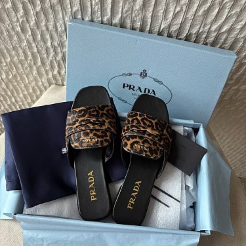 Prada Leopard-Print Calf Hair Chocolate Slide Sandals.