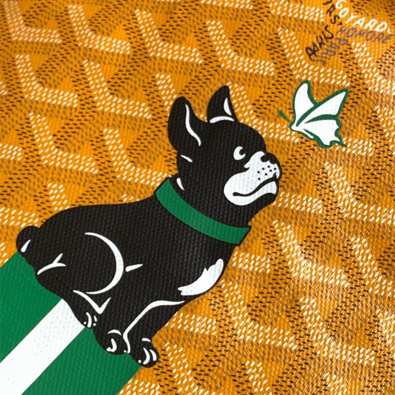 Goyard Saint Léger hand-painted "Hulot the dog" motif and green stripes backpack in yellow