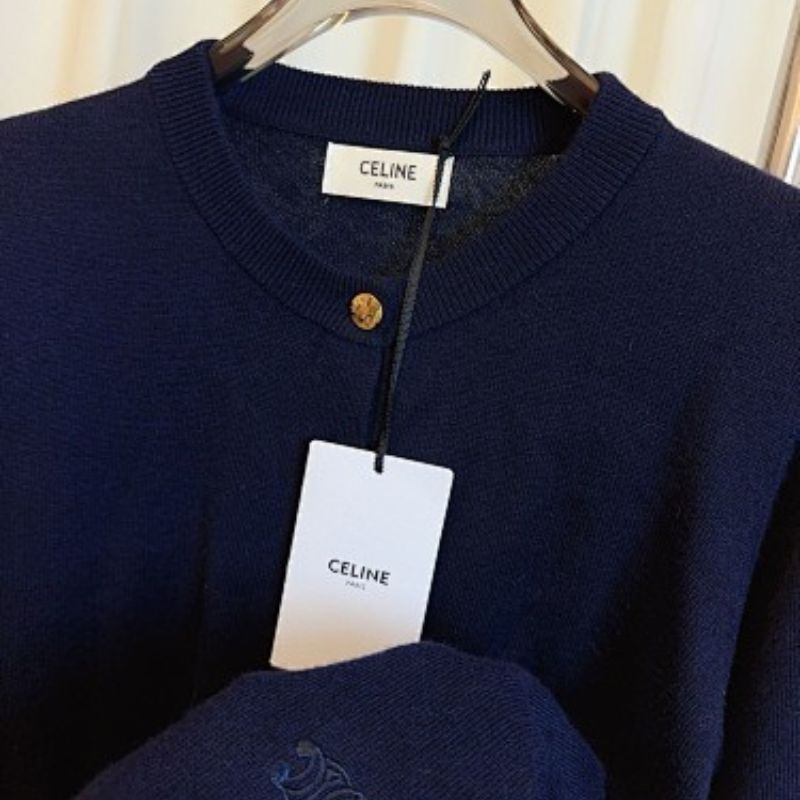 Celine Navy Gold-Button Knit Polo Top.