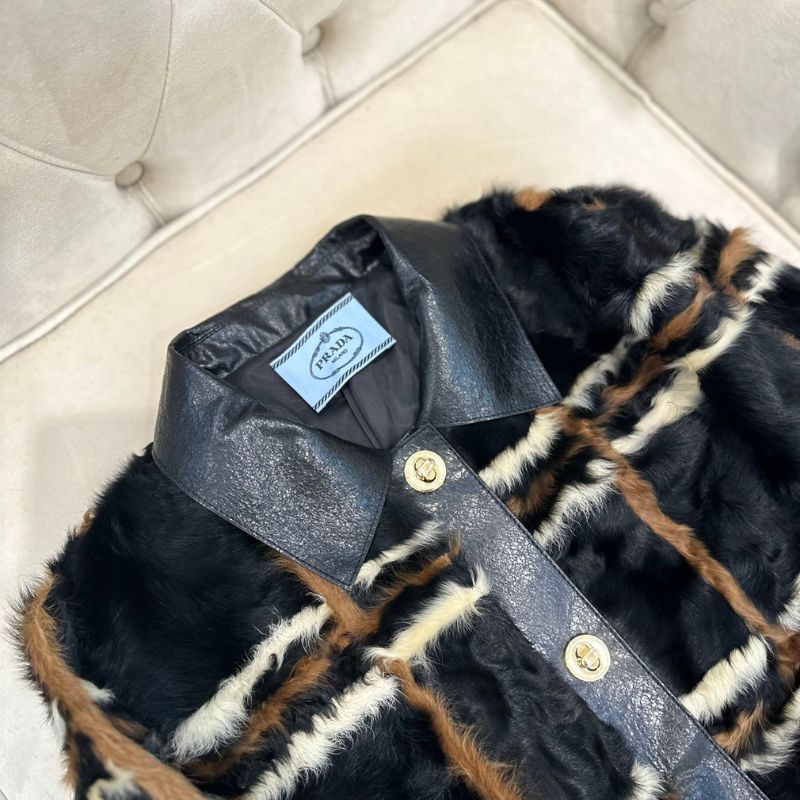 Prada checkered fur coat with a leather collar