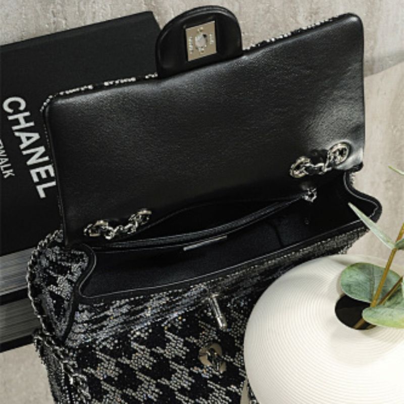 Chanel Black and Silver Diamante Crystal Houndstooth Mini Flap Bag.