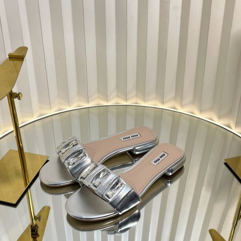 Miu Miu Silver Crystal-Embellished Slide Sandals.