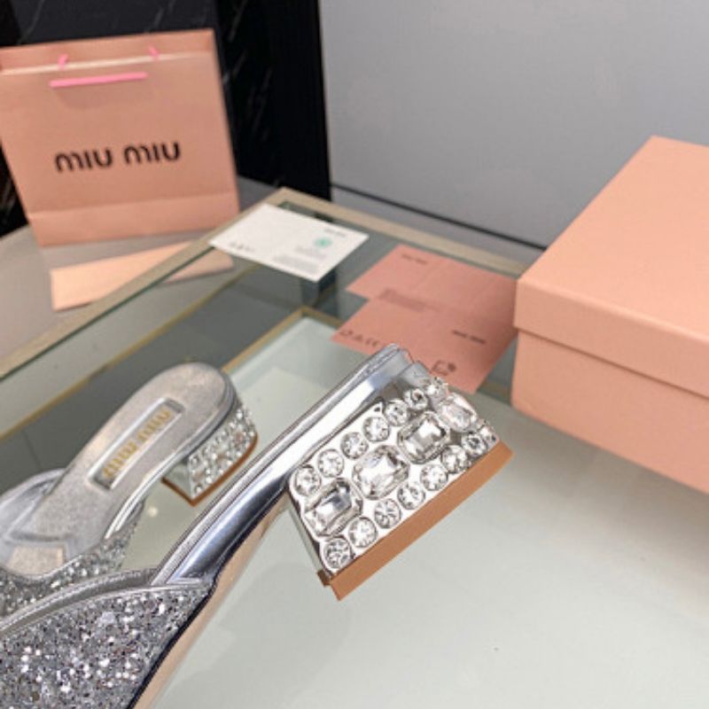 Miu Miu Silver Glitter Chunky-Heel Mules,