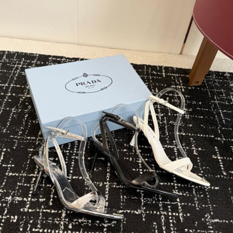Prada Triangle-Logo Pointed Ankle-Strap Sandals in white