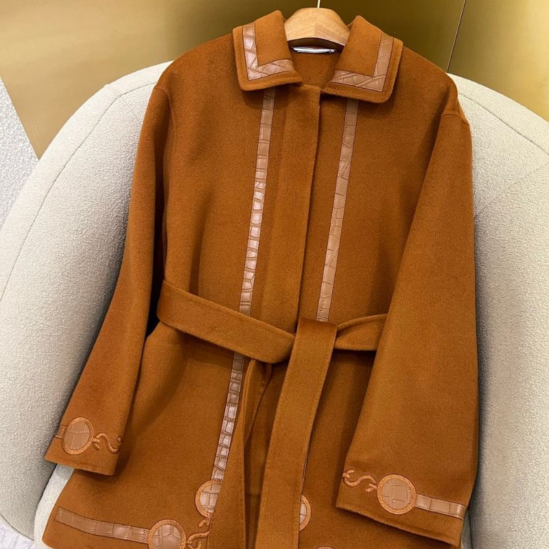 Herm* brown embroidered cashmere coat