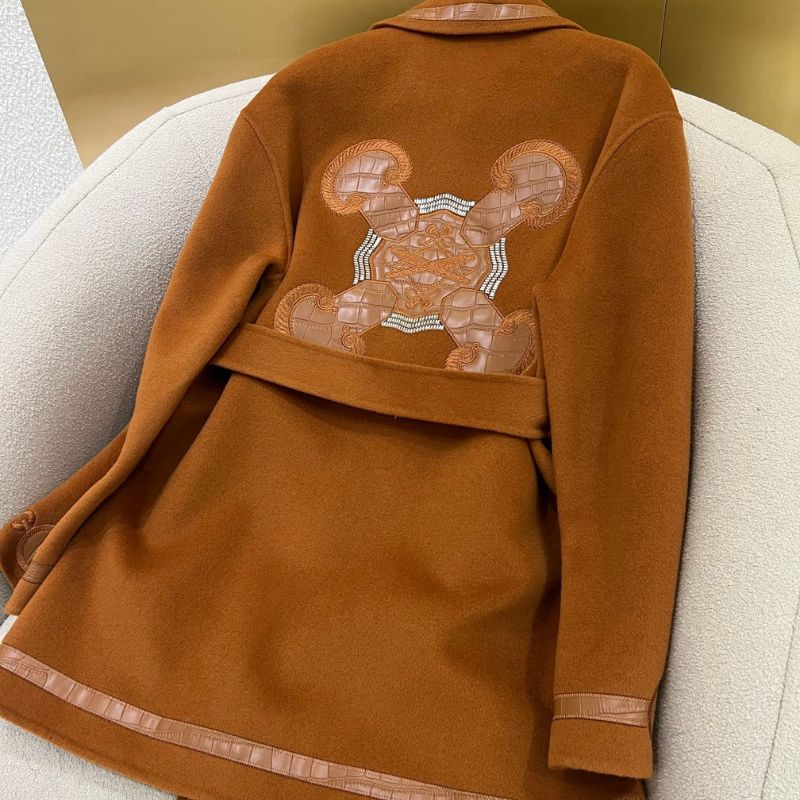 Herm* brown embroidered cashmere coat