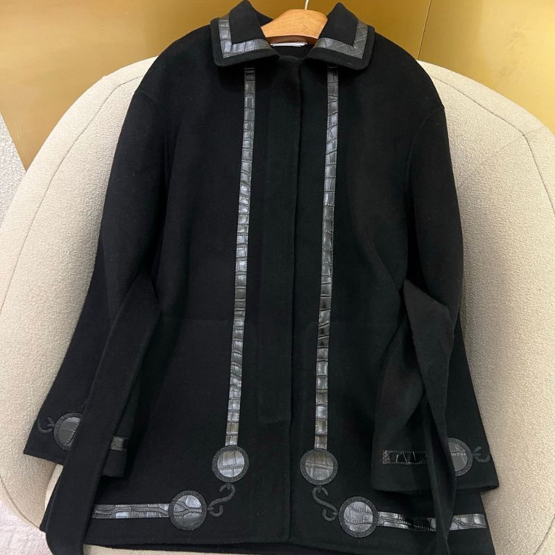 Herm*black wool-blend coat with distinctive faux leather