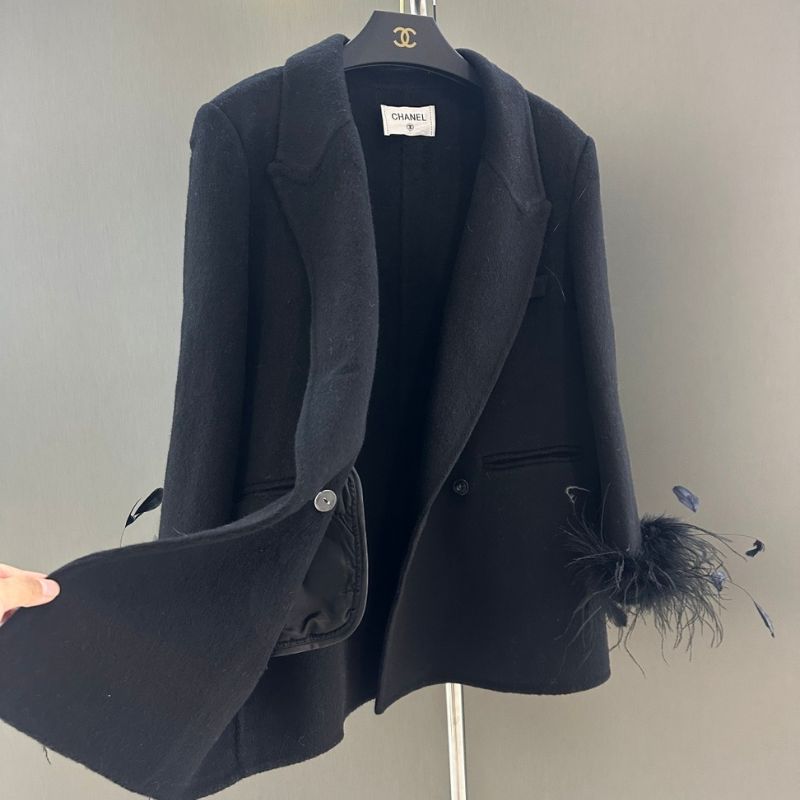 Chanel Black double-breasted blazer with feather cuffs