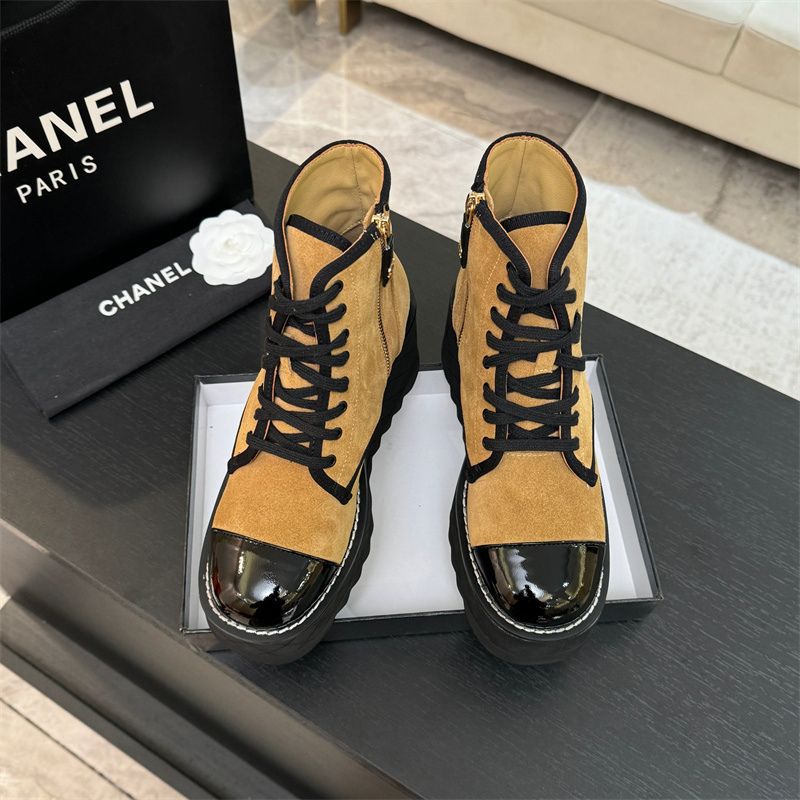 Chanel Suede Combat Boots with a Patent Leather Cap Toe