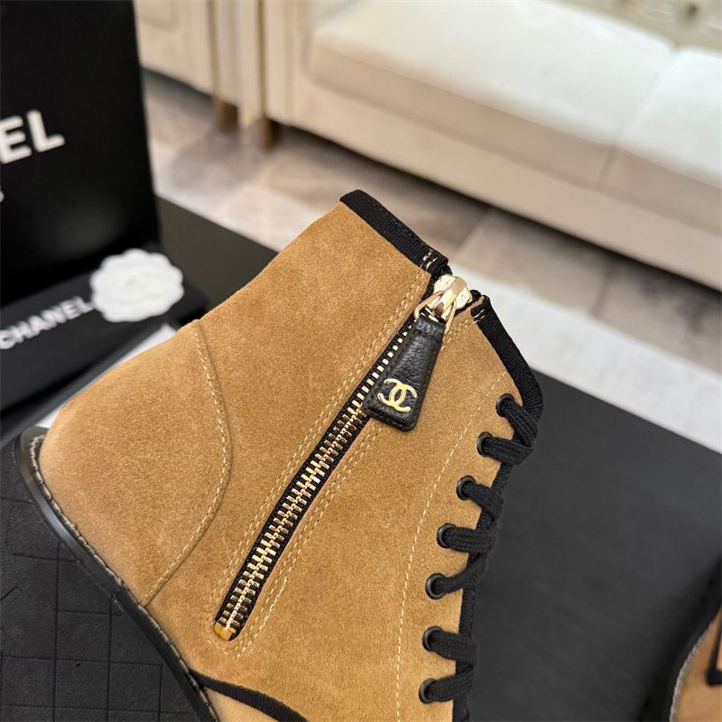 Chanel Suede Combat Boots with a Patent Leather Cap Toe