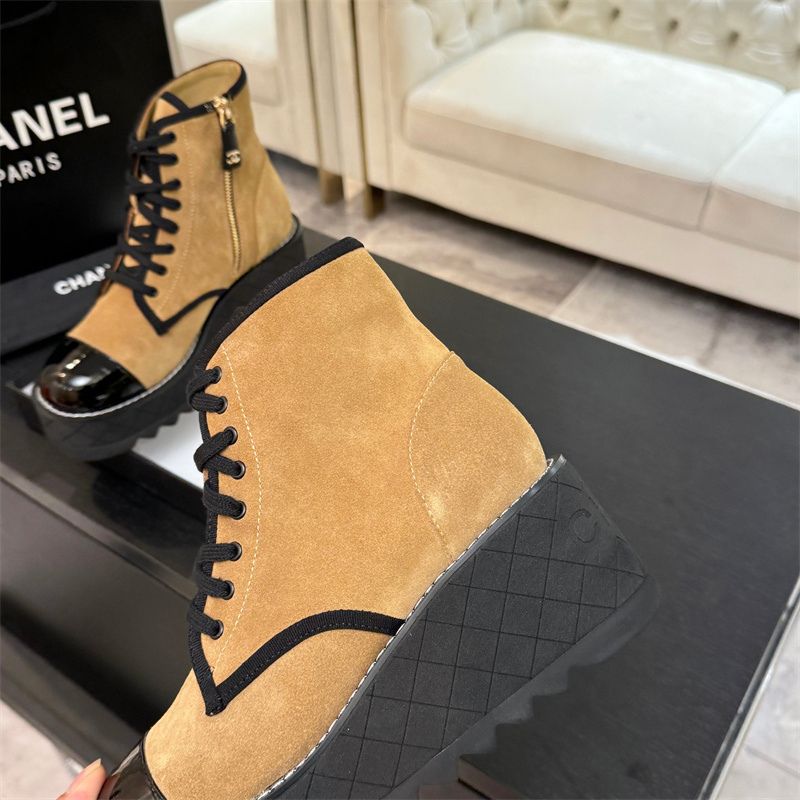 Chanel Suede Combat Boots with a Patent Leather Cap Toe