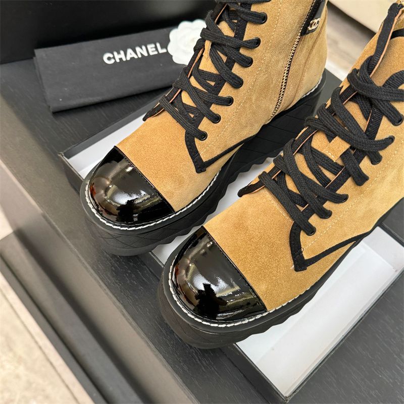 Chanel Suede Combat Boots with a Patent Leather Cap Toe