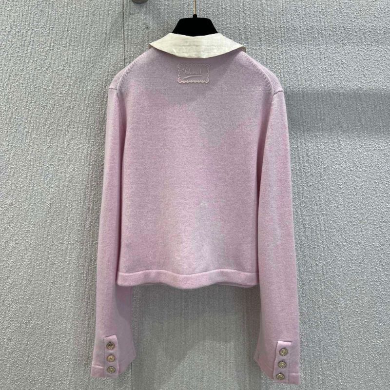 Chanel-style pink knitted cardigan with a white Peter Pan collar