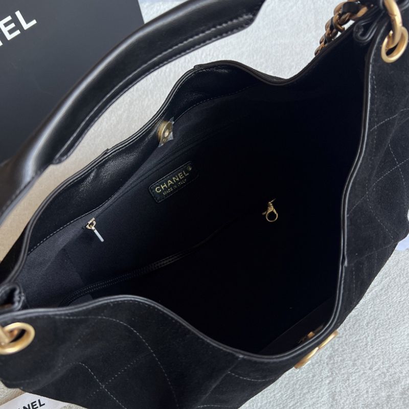 Chanel hobo bag with a gold chain strap and a prominent CC logo closure
