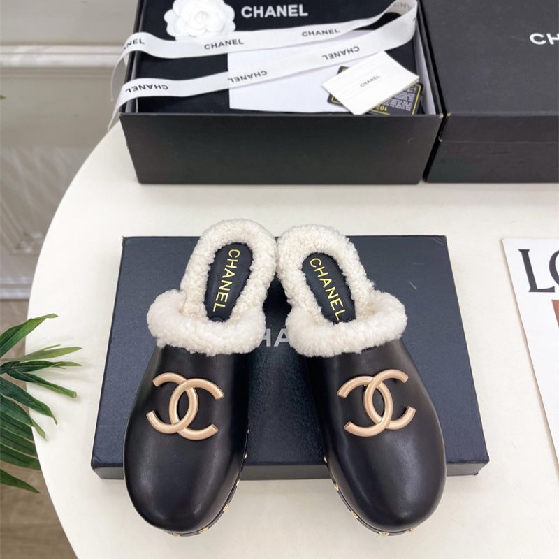 Chanel shearling-lined leather mules