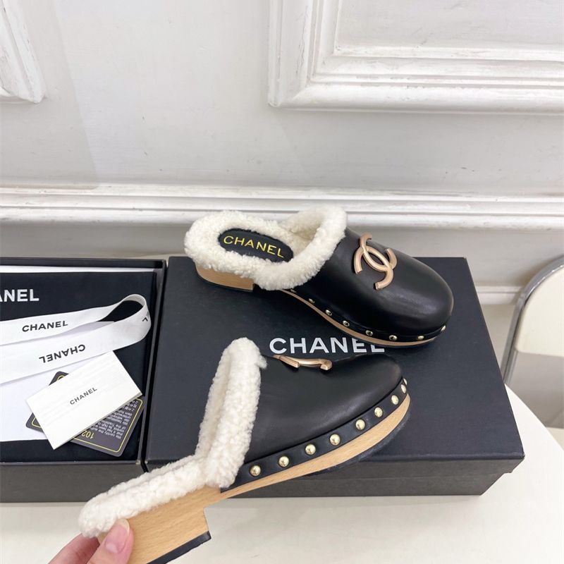 Chanel shearling-lined leather mules