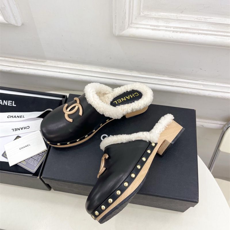 Chanel shearling-lined leather mules