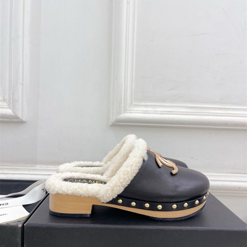 Chanel shearling-lined leather mules