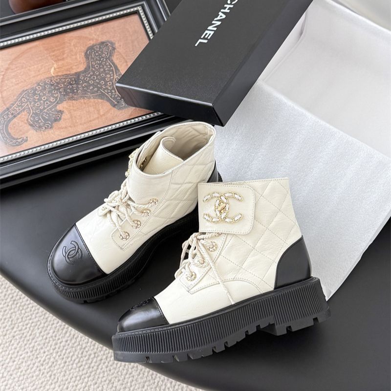 Chanel Black/Cream Leather CC Cap Toe Logo Combat Boots