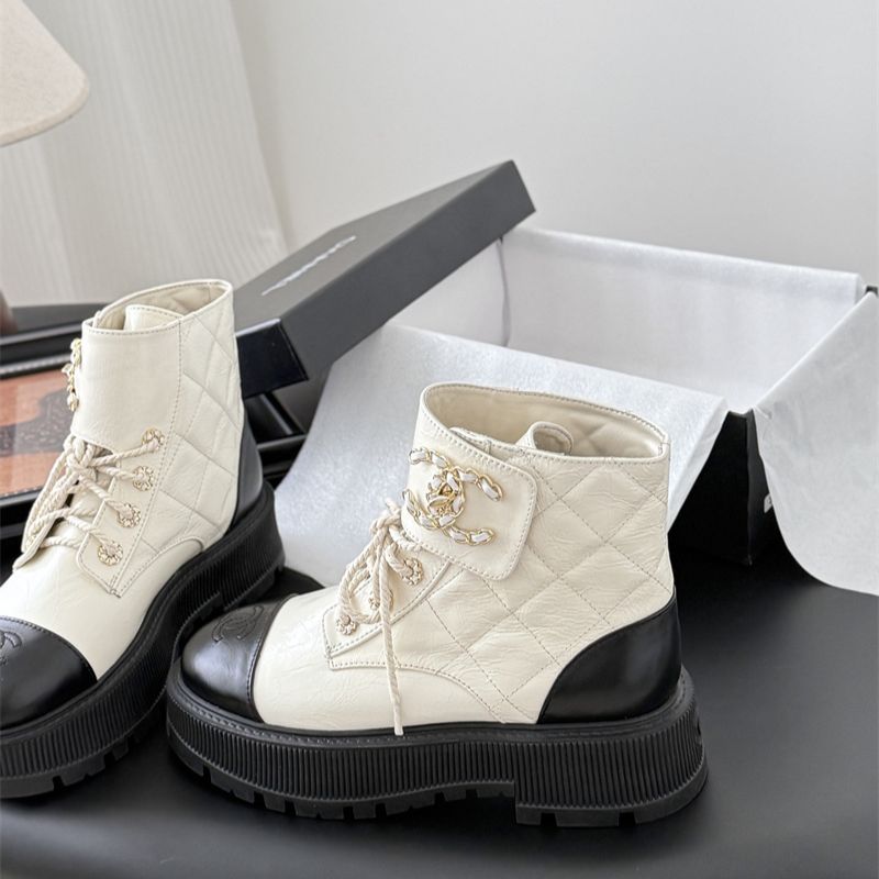 Chanel Black/Cream Leather CC Cap Toe Logo Combat Boots