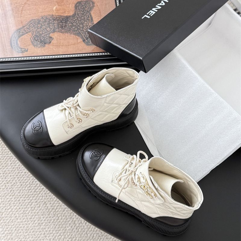 Chanel Black/Cream Leather CC Cap Toe Logo Combat Boots