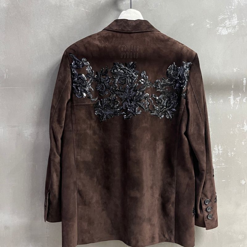 Miu miu brown suede coat with bead embellishments