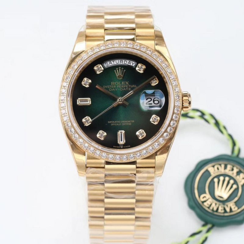Rolex Day Date Yellow Gold Green Dial Diamonds Watch