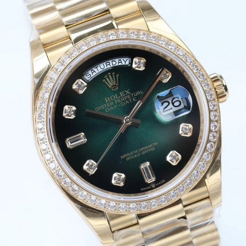 Rolex Day Date Yellow Gold Green Dial Diamonds Watch