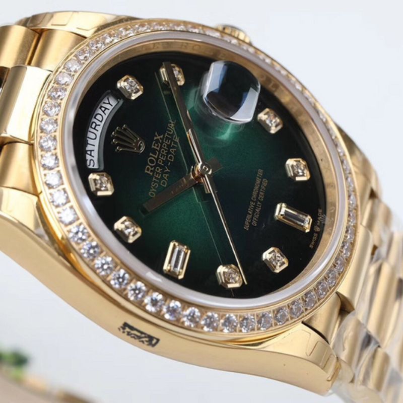 Rolex Day Date Yellow Gold Green Dial Diamonds Watch
