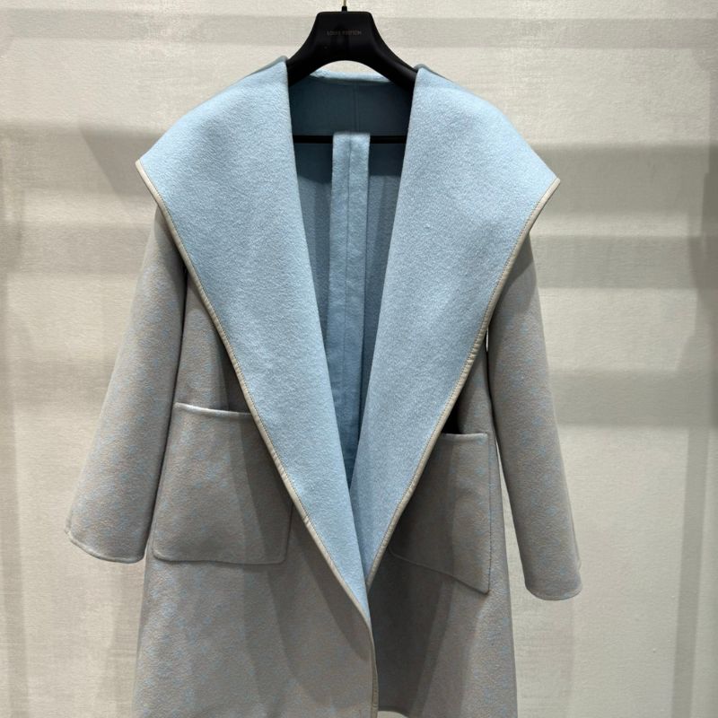 Haze Blue Wool-Silk Wrap Calfskin Edging Jacket