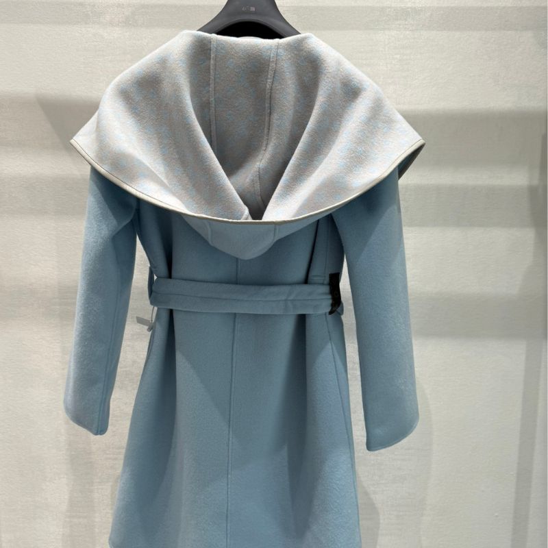 Haze Blue Wool-Silk Wrap Calfskin Edging Jacket