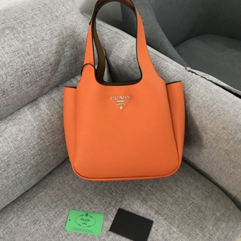 Prada Logo Plaque Orange Tote Bag
